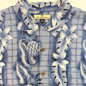 Tommy Bahama Button Front Mens XL Blue Silk Tropical Pineapple Shirt Resortwear